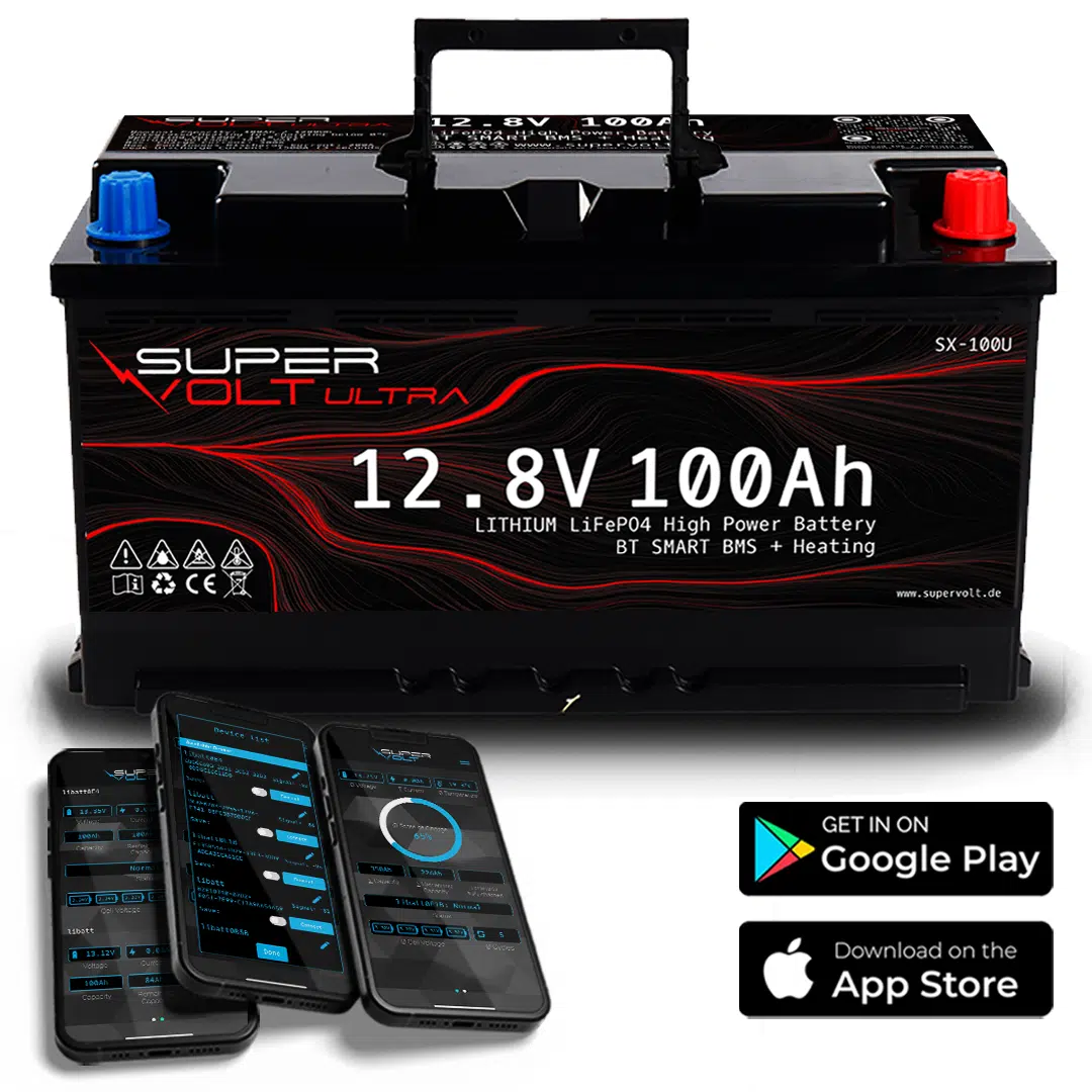 Supervolt Ultra – 12,8V 100Ah High Power LiFePO4 Hochleistungsbatterie mit Bluetooth, Heizung und integriertem Balancer
