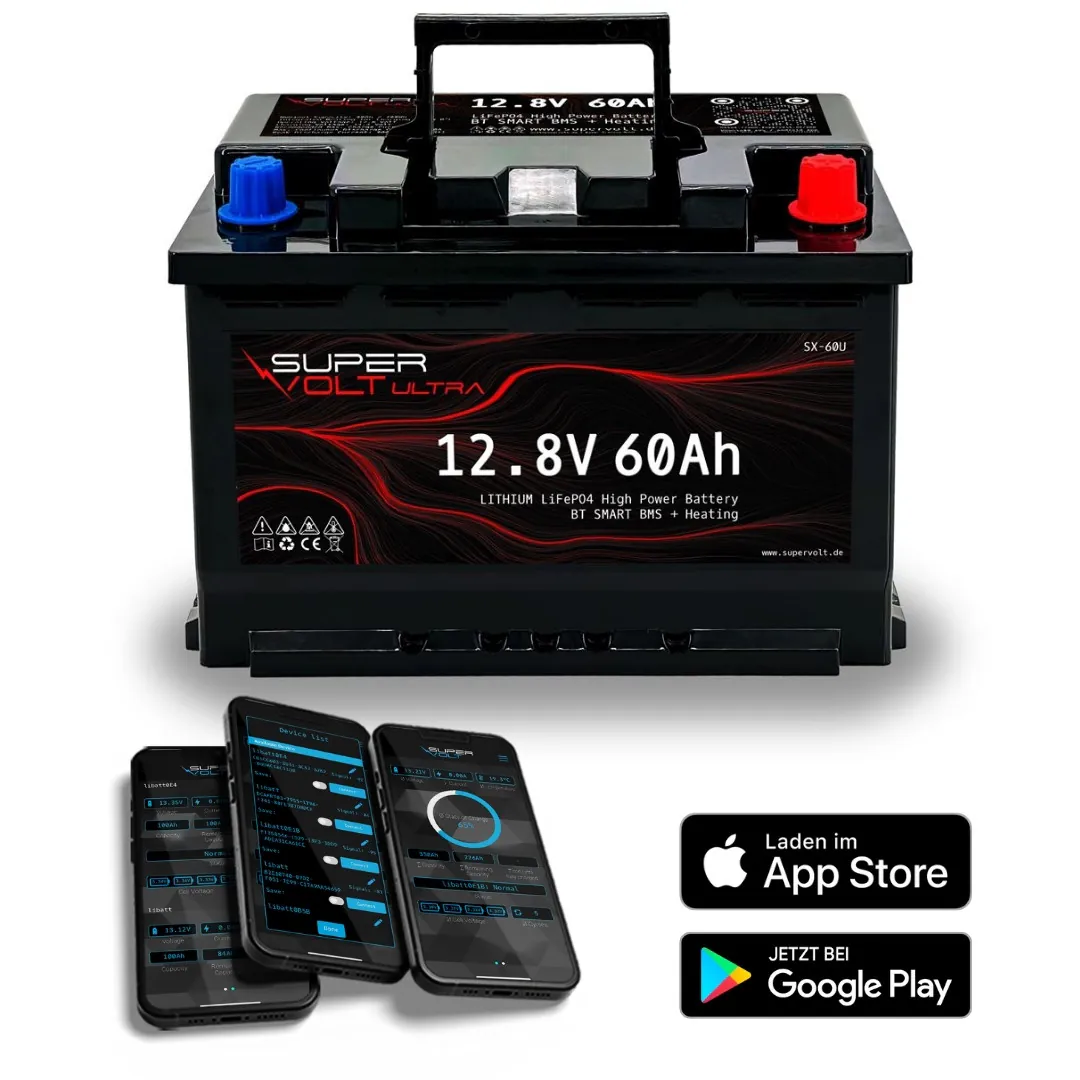 Supervolt Ultra – 12,8V 60Ah High Power LiFePO4 Hochleistungsbatterie mit Bluetooth, Heizung und integriertem Balancer