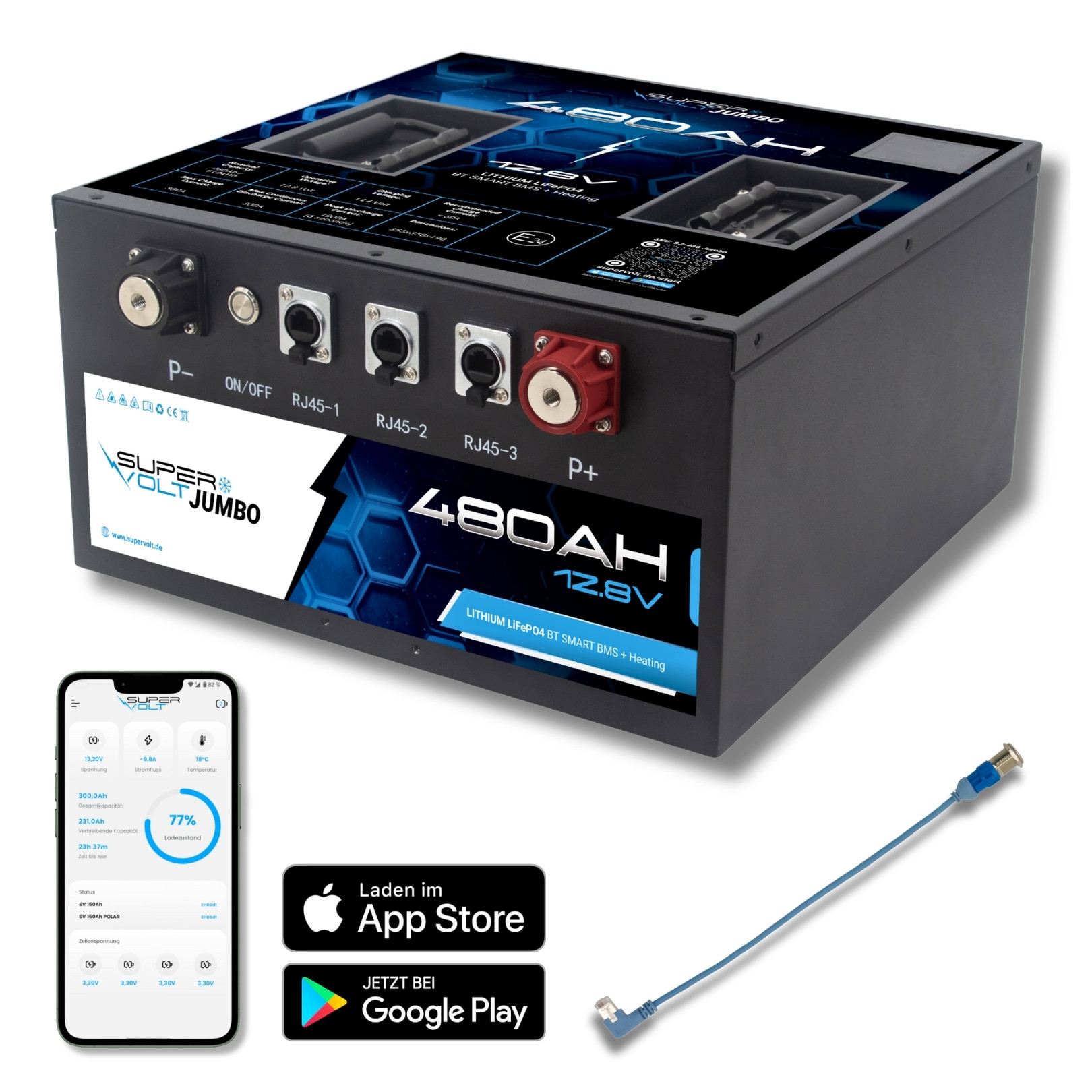 Supervolt Jumbo 480Ah LiFePO4 12,8V Lithium-Untersitzbatterie mit Heizung & Bluetooth