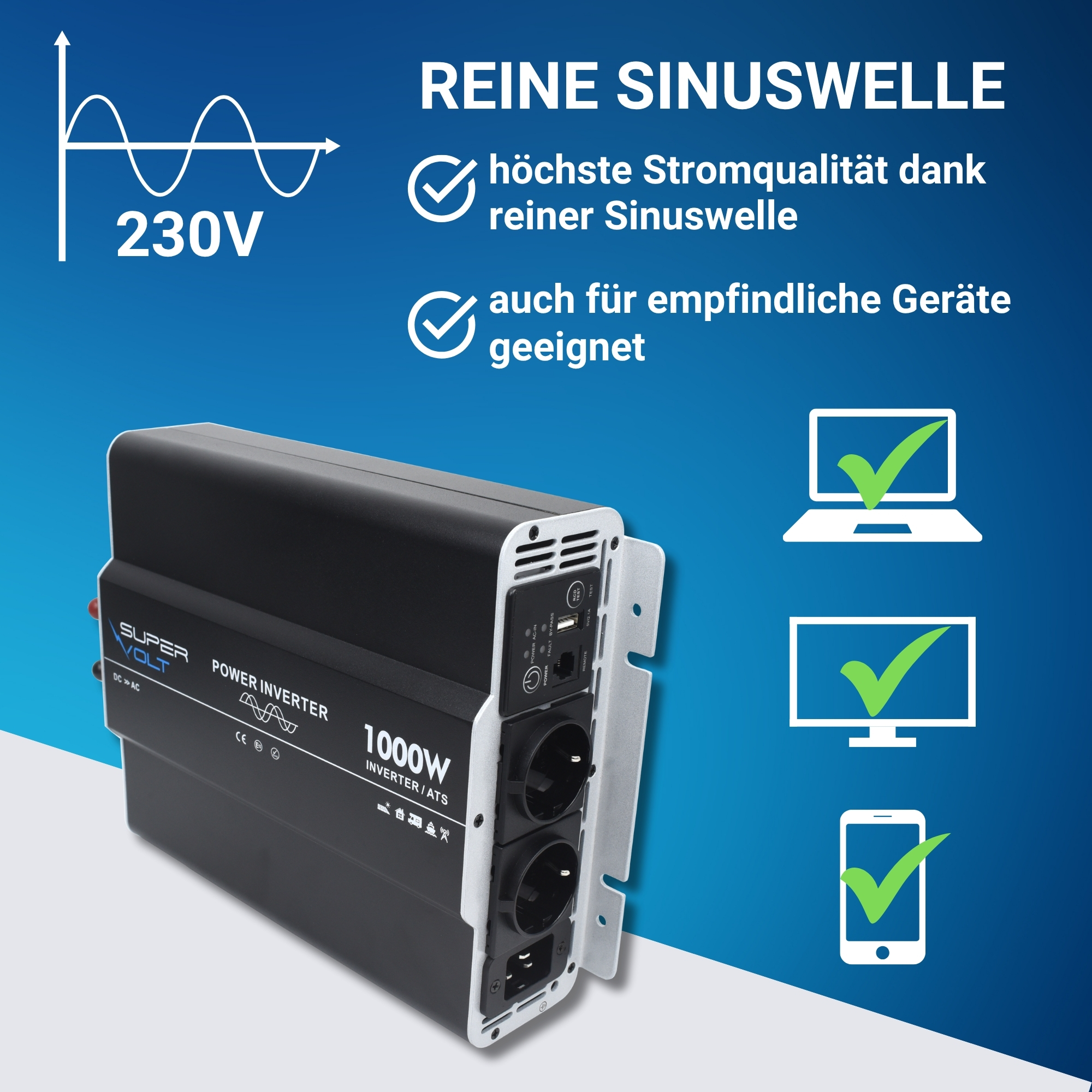 Supervolt 12V 1000W Wechselrichter mit Netzvorrangschaltung & FI-Schutz – Bild 3