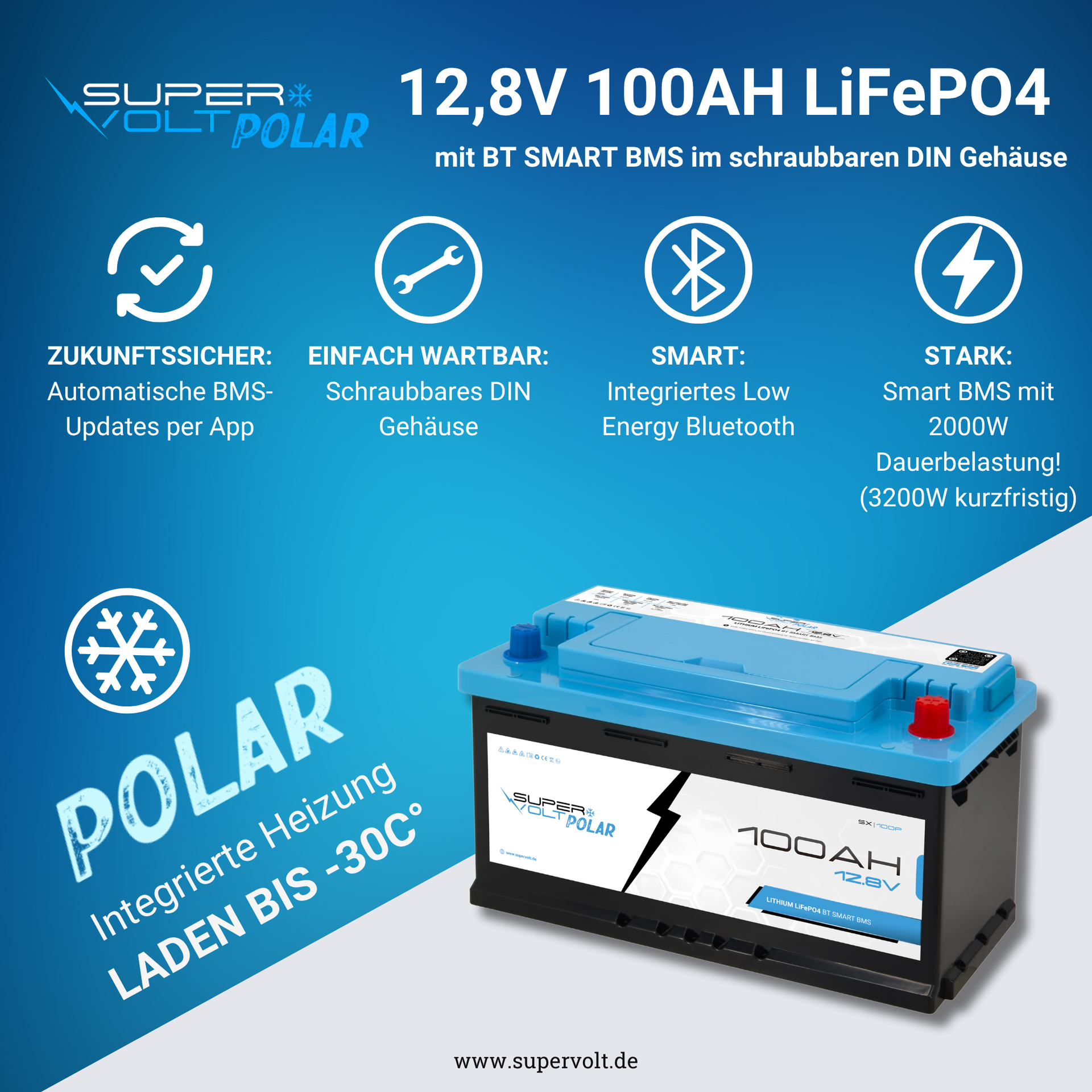 Supervolt Polar LiFePO₄ 12V 100Ah - Smart BMS, Bluetooth & heating
