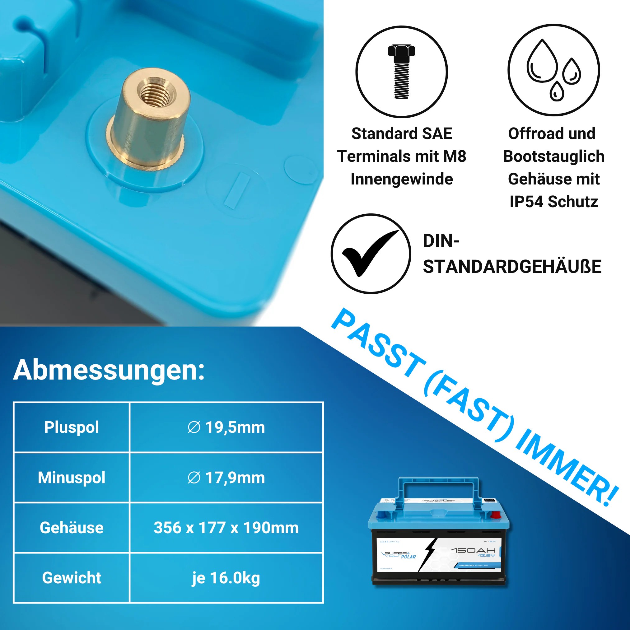 Supervolt Polar LiFePO₄ 12,8V 300Ah Lithium Batterien – Set 2×150Ah – Smart BMS, Bluetooth & Heizung bis −30 °C – Bild 3