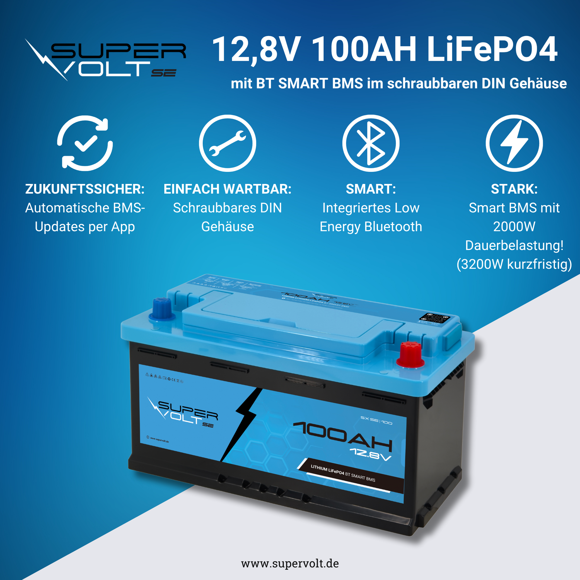Supervolt LiFePO₄ 12V 100Ah Batterie – Smart BMS & Bluetooth