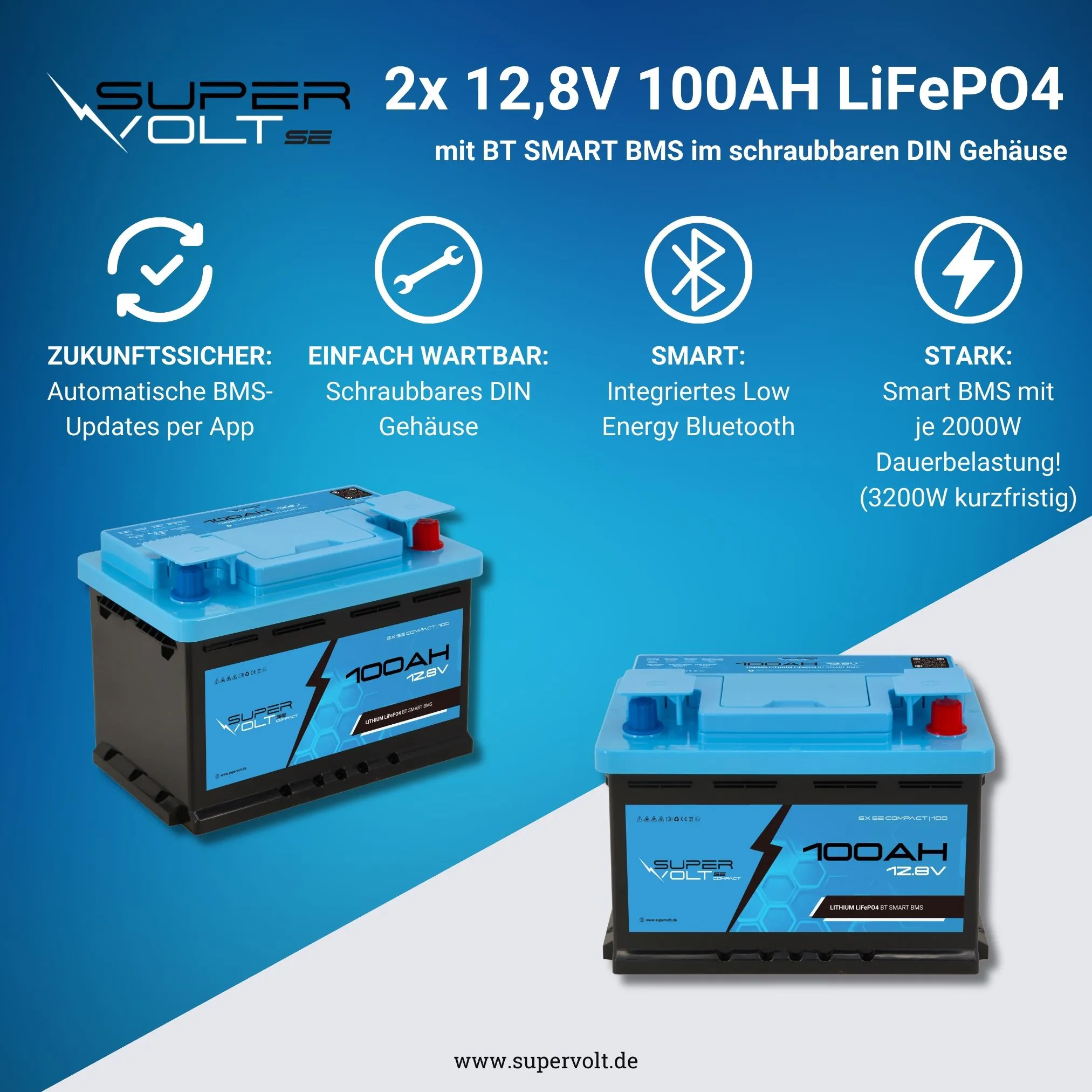 Supervolt SE Compact LiFePO₄ 12.8V 200Ah lithium batteries - Set 2×100Ah - Smart BMS & Bluetooth - Image 2