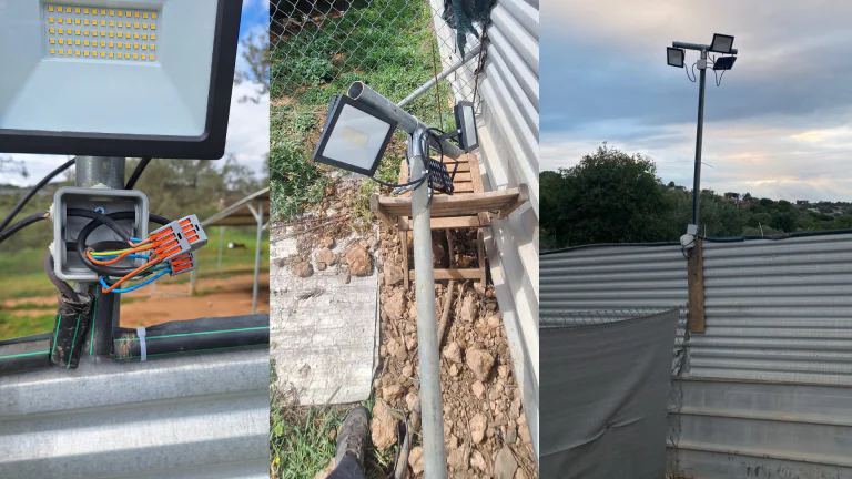 Installation energieeffizienter LED-Flutstrahler in einem Tierschutzprojekt in Griechenland. Nachhaltige Beleuchtung, Solarstrom, Offgrid-Energieversorgung und mehr Sicherheit für Hunde im Tierheim.