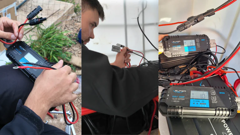 Die Bildcollage dokumentiert den Einbau mehrerer Supervolt Refurbished LiFePO4-Batterien in einem Tierschutzprojekt in Griechenland. Zu sehen sind die Verkabelung der Energiespeicher, die Installation im Technikbereich sowie die fertig angeschlossenen Batterien. Das Solarprojekt dient dem Aufbau einer zuverlässigen und nachhaltigen Offgrid-Stromversorgung für Beleuchtung, Infrastruktur und die Versorgung der Hunde im Tierheim. Die Umsetzung erfolgt im Rahmen eines ehrenamtlichen Tierschutzprojekts von adVANturetimewithus.