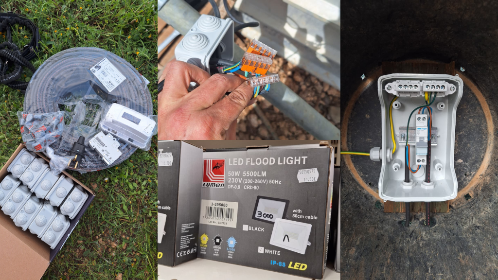 Material für die Installation einer Offgrid-Stromversorgung im Tierheim Griechenland. LED-Flutstrahler, Elektroverteiler, Verkabelung und elektrische Komponenten für ein nachhaltiges Solar- und Tierschutzprojekt.